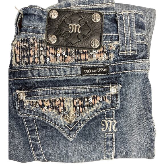 Miss Me Y2K Skinny Embellished Medium Wash Saddle Stitch Low Rise Jeans Size 27 - Picture 4 of 9